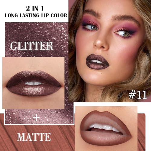 Image of evpct Dark Brown Metallic Glitter Lip Liner and Lipstick Combo Lip Gloss Stain Set Makeup for Women Long Lasting Waterproof 24, Chocolate Metallic Shimmer Frosted Iridescent Shiny Liquid Lipstick 11