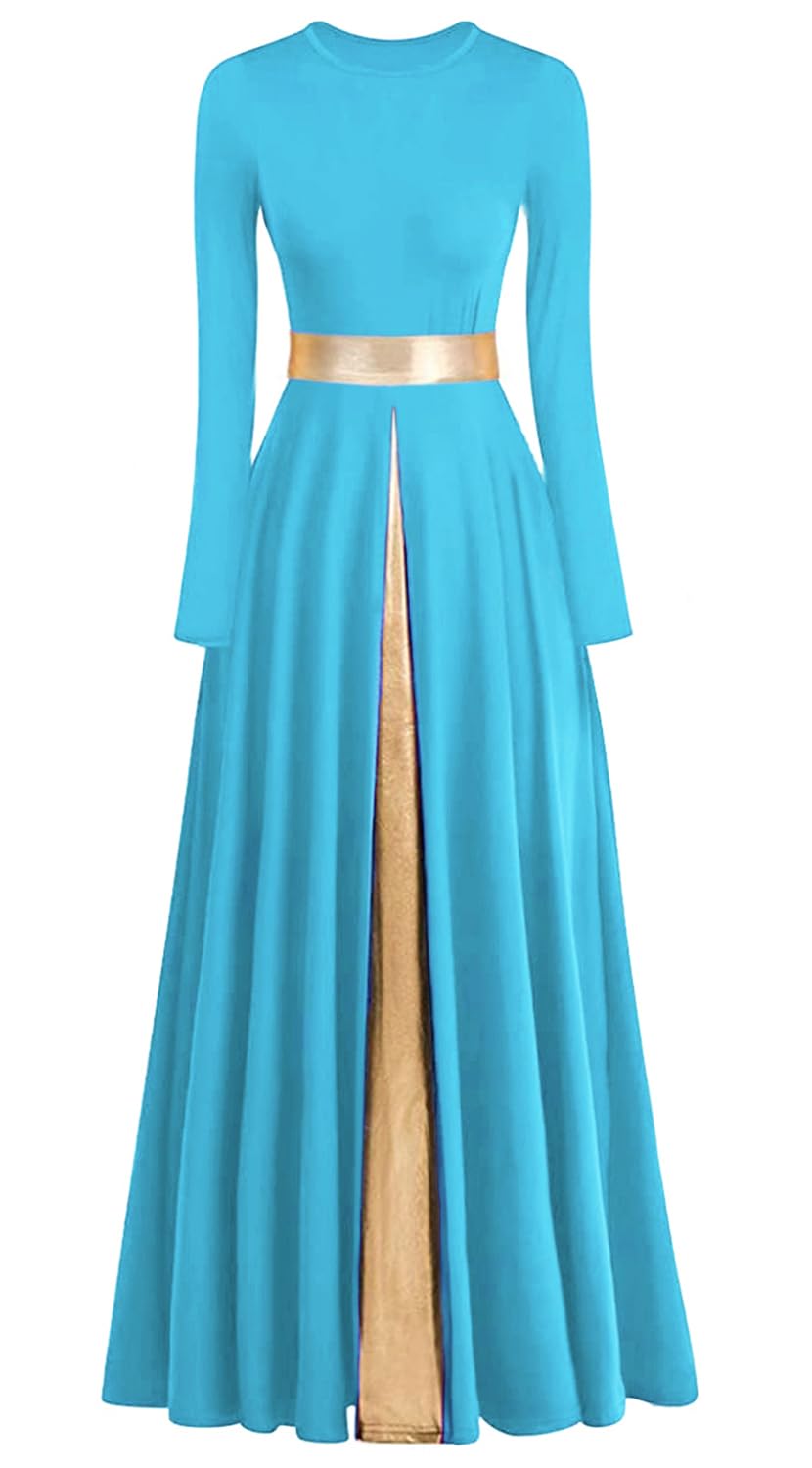 Ellydoor Women's 23 Lake Blue Praise Dance Dress Metallic Waistband Long Swing Liturgical Worship Church Robe Dress Lyrical Dancewear, L