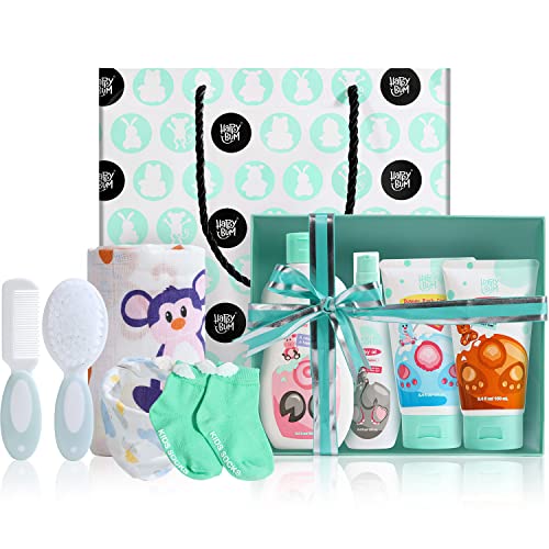 HAPPY BUM Baby Bath Set, Baby Gifts for Girl or Boy Included Head-to-toe Baby Wash, Body Lotion, Baby Diaper Cream, Baby oil, Toddler Socks, Swaddle Blanket, Comb, Baby Bath Kit