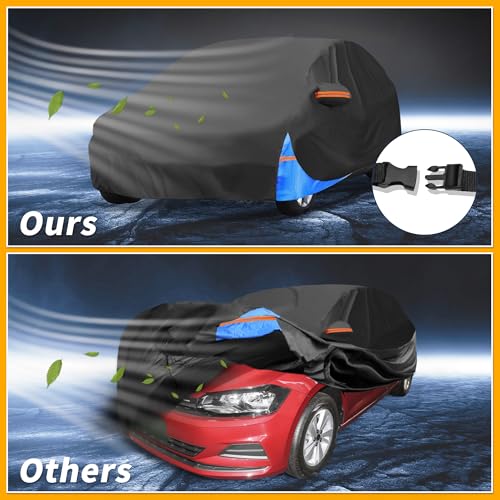 Image of Waterproof All-Weather Universal Car Cover with Right Side Zipper, 210D-PU Black Blue Fits for Hatchback Up to 163 inch Length