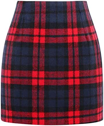 Kinghua Womens Wool Plaid Mini Skirt Fall Winter High Waisted Bod...
