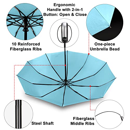 Tradmall Travel Umbrella Windproof With 46 Inches Large Canopy 10 Reinforced Fiberglass Ribs Ergonomic Handle Auto Open & Close, Sky Blue #TOP3