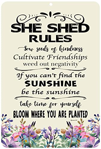 Dyenamic Art She Shed Rules Garden Sign - Inspiring Indoor or Outdoor Wall Decor with Positive Message - Bloom Where You Are Planted (8x12)