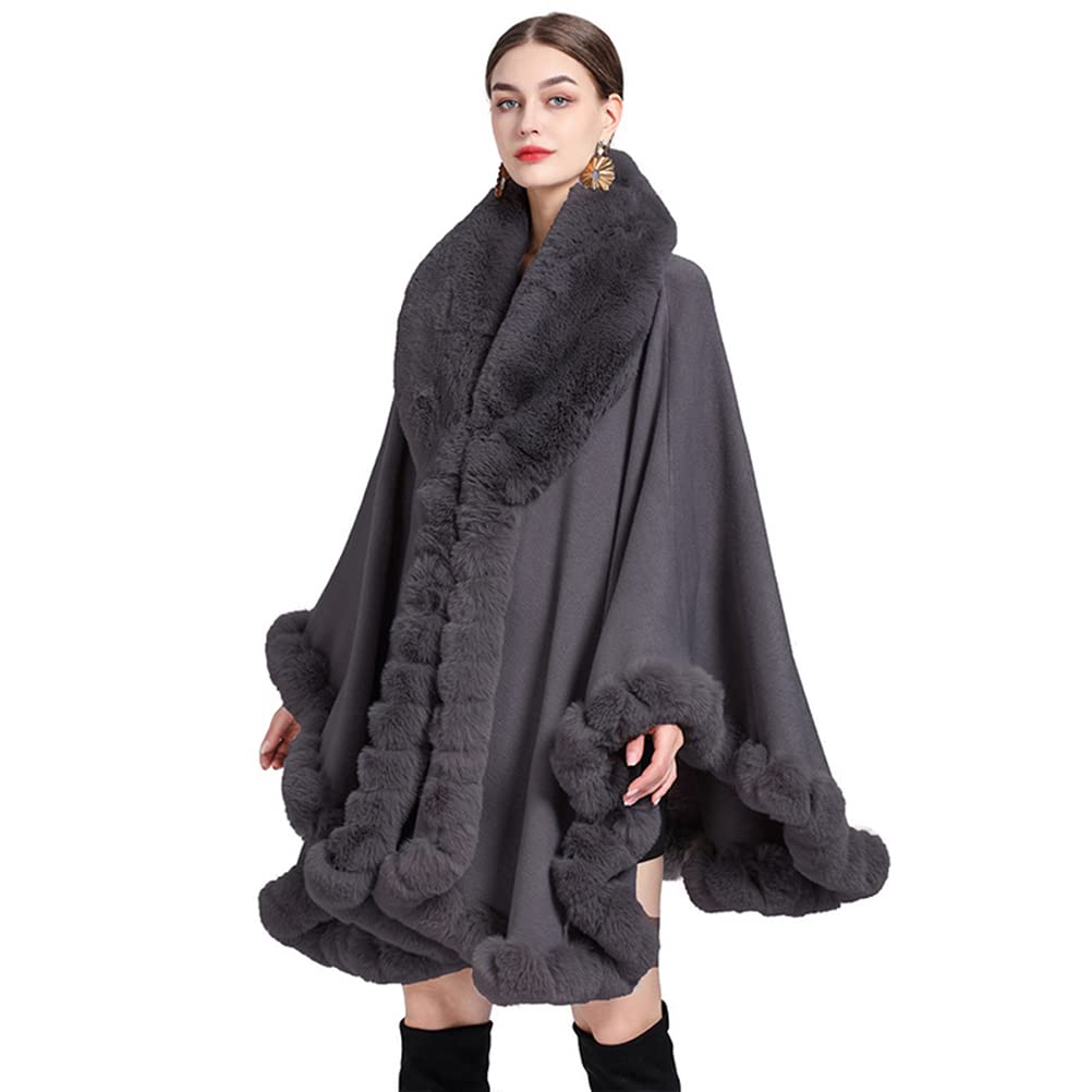 Cape en Fausse Fourrure Manteau de Laine Manches Longue Automne Hiver pour Femme, Manteau d'hiver,Dark Gray