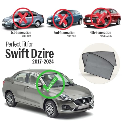 Image of Autofact Car Sunshades for Maruti Swift Dzire (2017 to 2024), UV Protection, Useful Car Accessories, Custom fit Sun Shades for Side Windows, Set of 4