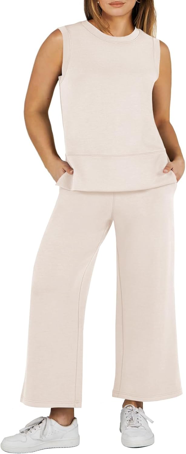 Beautife Women’s Plus Size Summer Outfits Sleeveless Tops Wide Leg Pants 2 Piece Lounge Sets Tracksuit with Pockets