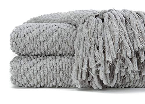 Chanasya Textured Knitted Super Soft Throw Blanket With Tassels - Warm Fluffy Cozy Plush Knit - For Couch Bed Sofa Living Room Framhouse Boho Light Gray Accent Decor (50X65 Inches) Silver Blanket #TOP2