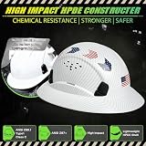 Aolamegs Safe Matte White Carbon Fiber Pattern Full Brim Hard Hat with Visor -Vented Hard Hats Construction OSHA Approved for Men Adult, Reflective Safety Helmet with Chin Strap,6-Point Suspension