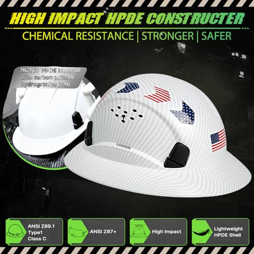 Aolamegs Safe Matte White Carbon Fiber Pattern Full Brim Hard Hat with Visor -Vented Hard Hats Construction OSHA Approved for Men Adult, Reflective Safety Helmet with Chin Strap,6-Point Suspension