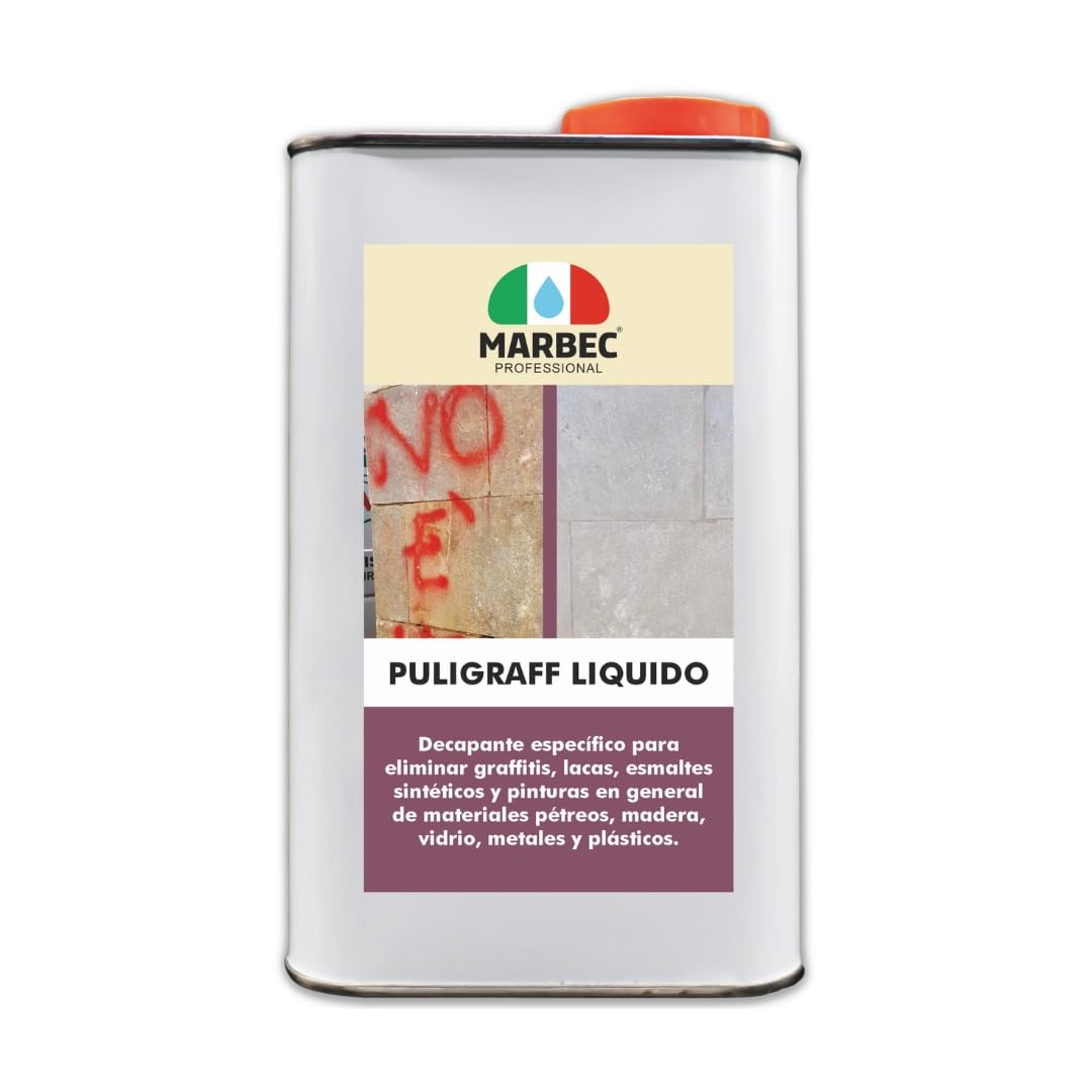 MARBEC PULI GRAFF LIQUIDO 1LT Para quitar graffitis, lacas, esmaltes sintéticos y pinturas en materiales de piedra. Se puede usar en madera, vidrio, metales y plásticos.