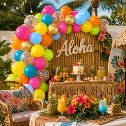 Image of Tropical Balloons, 60Pcs Summer Balloon Hot Pink Orange Teal Blue Yellow Green Gold Colorful Balloons with Rainbow Confetti Balloon for Hawaiian Aloha Luau Pool Birthday Beach Party Decorations