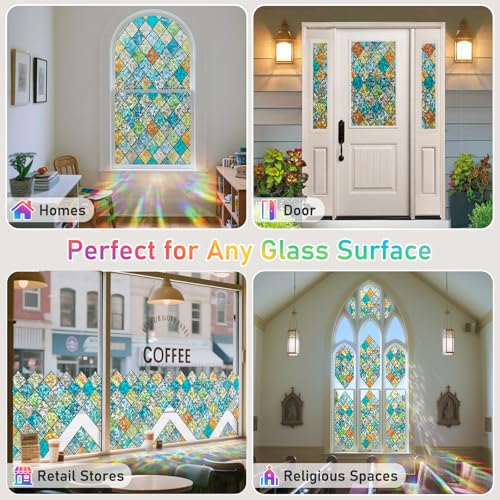 Image of Sunbaby Window Privacy Film Stained Glass Decorative Rainbow Window Cling 3D Static Clings Colorful for Home Decoration, Anti-UV & Heat Control Non-Adhesive (17.5 inchx118 inch)