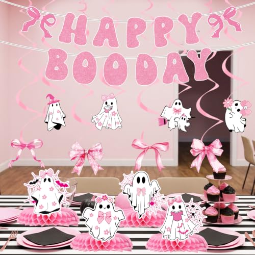 EngoEagle 14 Pcs Happy Boo Day Halloween Decorations, Pink Ghost Party Supplies with Banner, Hanging Swirls and Honeycomb Centerpieces, Coquette Halloween Party Decor for Girls Women Birthday by EngoEagle - Used condition - Image 5