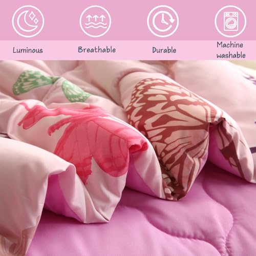 Image of Pink Girls Butterfly Bedding Set Full Size 7 Piece Glow in The Dark Butterfly Comforter with Sheets & Pillowcases Soft Microfiber Bed in A Bag for Kids Teens All Season