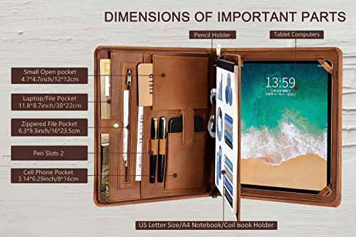 Azxcg Leather Portfolio Organizer, Business Resume Zippered Padfolio Folder, Document Case For A4 Letter Size Notebook, Tablet Padfolio For Ipad 12.9" (2018&2020&2021), Gift For Women/Men, Brown #TOP6