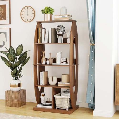 ZONVEOKE 4 Tier Ladder Book Shelf, Small Mid Century Modern Bookshelf with Storage, Wooden Bookshelves and Bookcase, for Living Room Bedroom and Office (Walnut)
