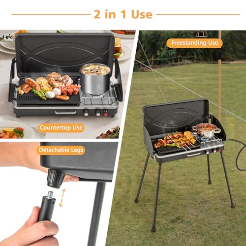 Giantex-2-in-1-Gas-Camping-Grill-and-Stove-Portable-Propane-Grill-Burner-with-Dual-Control-Knobs-Detachable-Legs-3-Sided-Wind-Screen-Gas-Hose-with-Regulator-20000-Total-BTUs-Black
