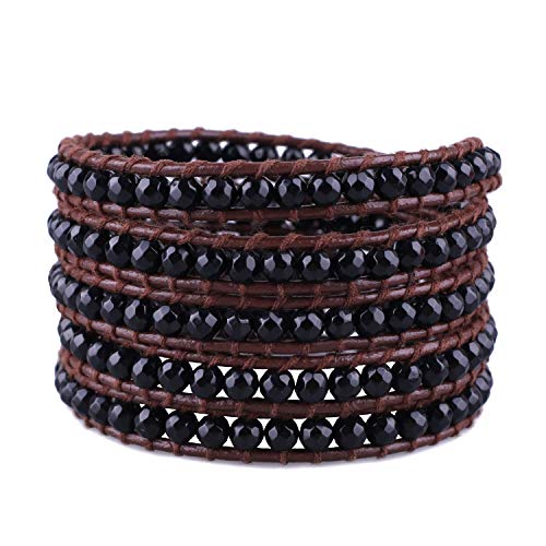Image of C.QUAN CHI Natural Crystal Bead Bracelet Leather Wrap Bracelet 5 Wrap Stackable Braid Bracelet Bangle Jewelry Birthday Gifts