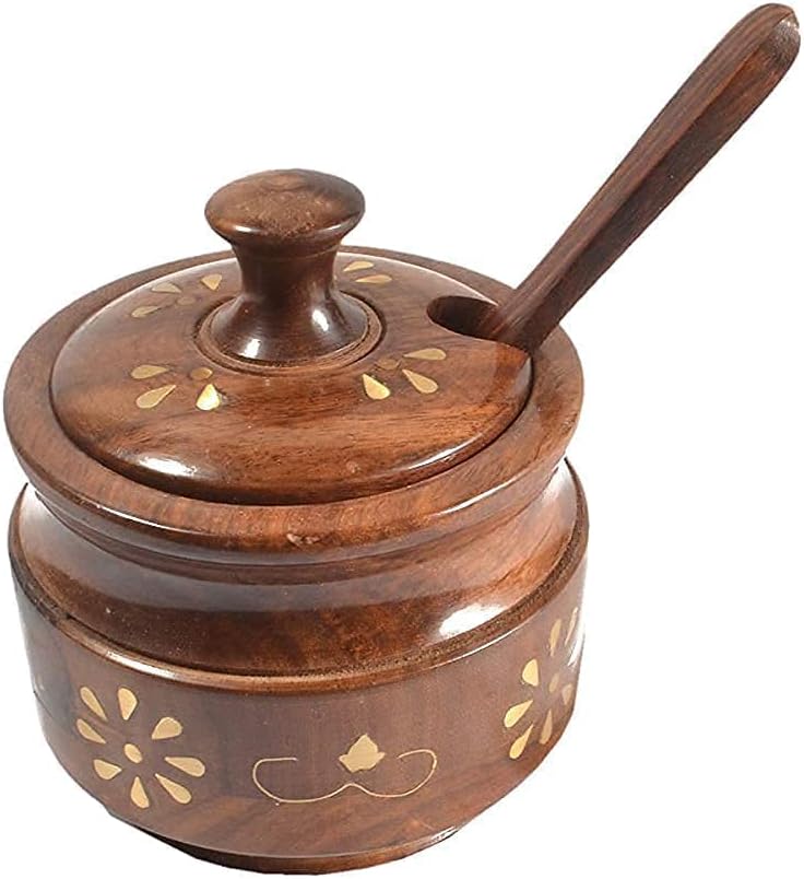 YAMKAY Wooden Sugar Pot, Salt Pot, Spice Pot, Pickle Jar, Jam Jar & Spice Box Multi-Use Wooden Container with Spoon for Kitchen Dining & Storage Pot for Condiments, Herbs, Sauces Wooden Jar Set