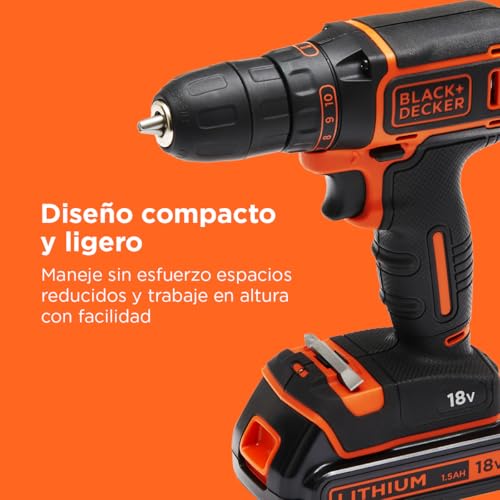 BLACK+DECKER Kit de taladro atornillador INALÁMBRICA de 18V con 2 baterías de 1,5Ah, cargador rápido, juego de 80 accesorios y maletín de transporte, BDCDC18BAFC-QW - imagen 4