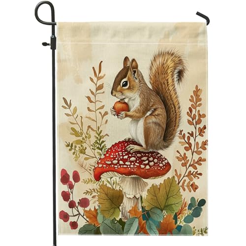 cute Squirrel garden flag mushroom cottage core leaf natural forest animal wildflower beige linen party decor porch decorations lawn patio outdoor for campsite home fence decorative flag 12x18inch