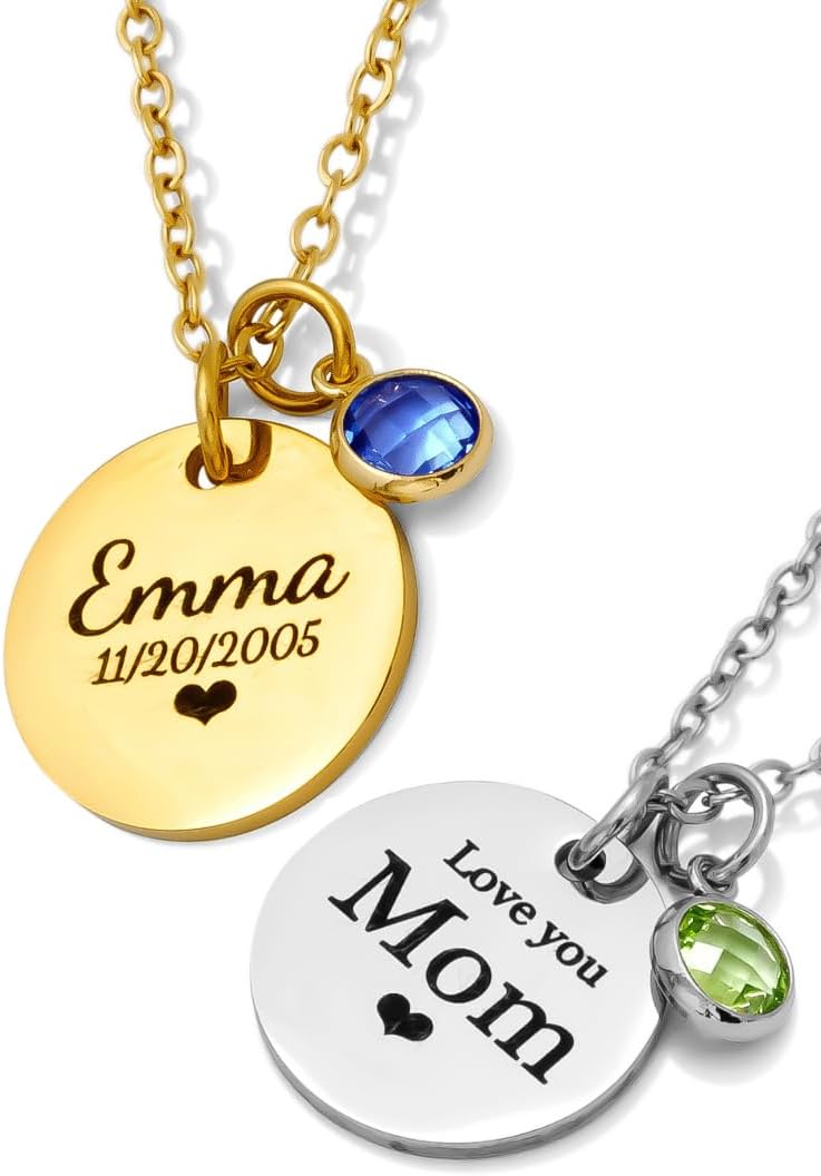 Personalized Name Necklace for Women – Custom Gold Plated, Silver Stainless Steel Pendant - Non Tarnish – Engraved Charm Jewelry – Gift for Mom, Grandma, Birthday & Mother's Day (Round Disc)