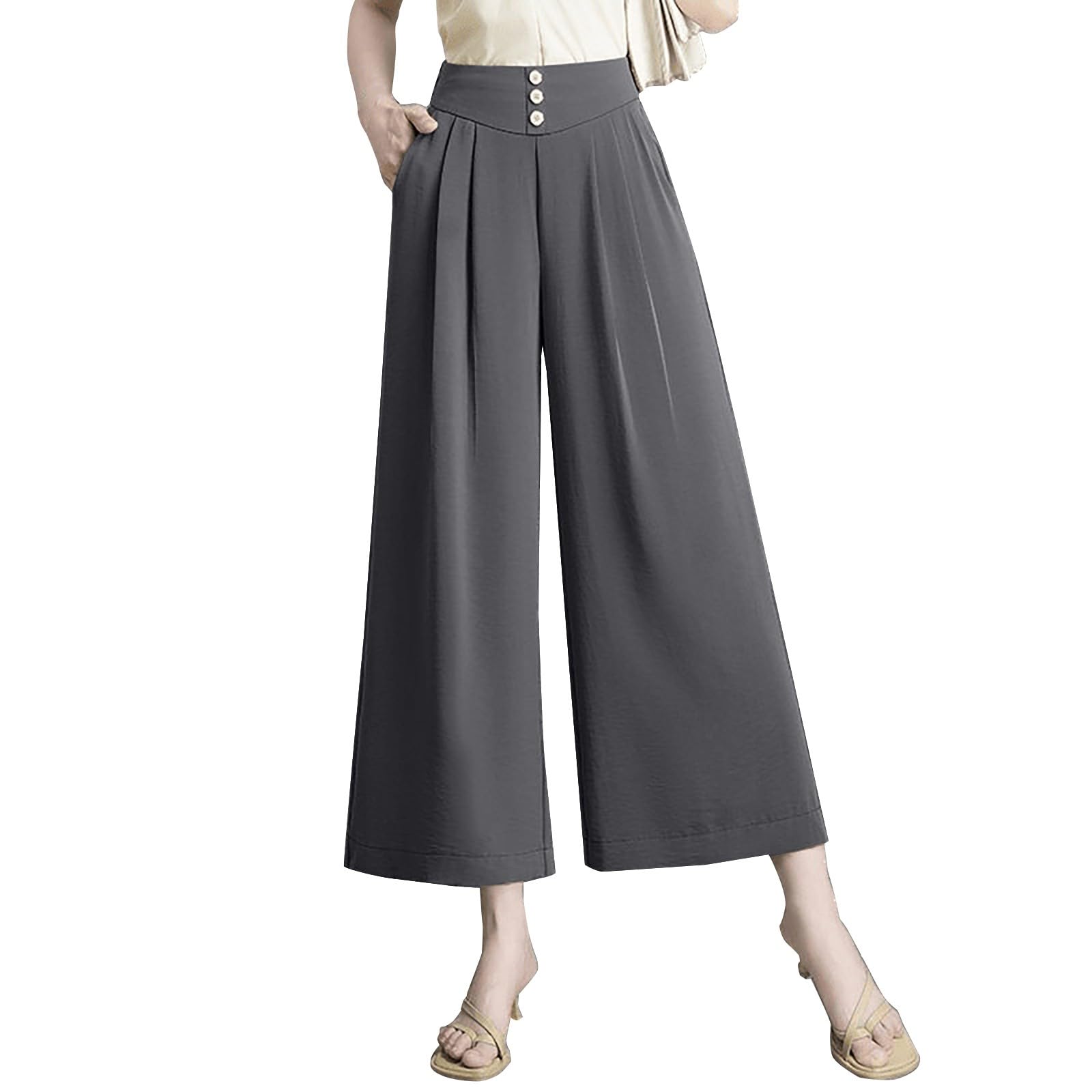 Palazzo - Pantaloni da lavoro da donna, eleganti, in vita elasticizzata, tinta unita, con pieghe, casual, da lavoro, morbidi, comodi, da ufficio, per il tempo libero, 7/8, con tasche
