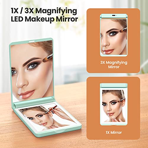 Gospire Standing Led Travel Makeup Mirror With Lights And Magnification 1X/3X, Rechargeable Compact Mirror With Adjustable Brightness, Foldable Small Vanity Mirror Handheld For Purses – Green #TOP4