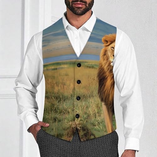African Lion at Lake in National Park Men's Suit Vest Waistcoat Vests Formal Dress with 2 Pockets for Business Casual Tuxedo2