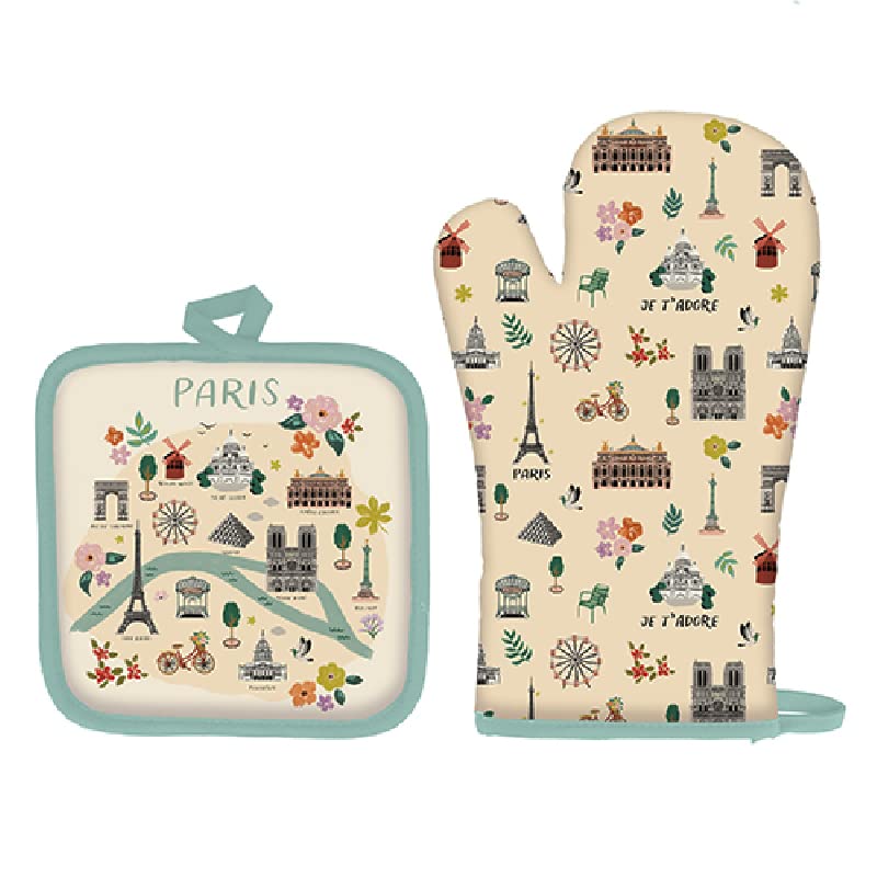Set manique et Dessous de Plat - Motif Paris J'adore avec la Tour Eiffel et Les Monuments de Paris