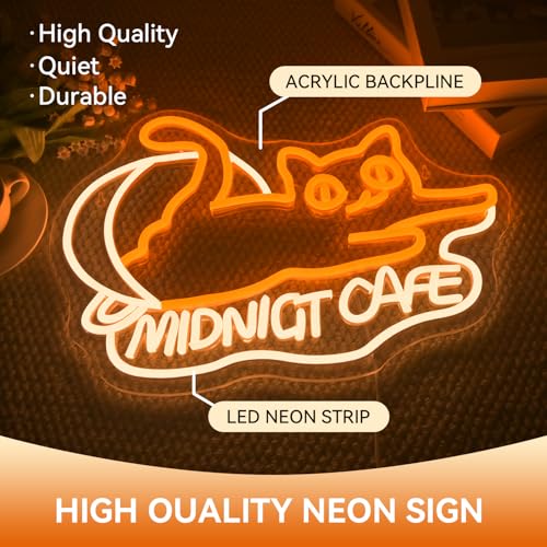 Image of Ineonlife Cat Cafe Neon Sign, Midnight Cafe LED Light for Coffee Shop Decor, Cat Neon Signs Wall Lamp for Cat Coffee Shop Dessert Bakery Cafe Bar, Acrylic Light Up Sign (15.35 inch x 11.02 inch)