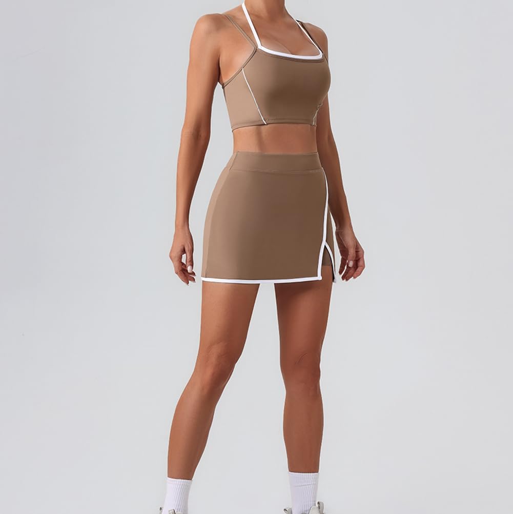 Vêtements de Sport sans Couture pour Femme Ensemble de 2 Pièces Soutien-Gorges Sports Dos Nu + Jupe de Tennis avec Shorts Intégrés Yoga Fitness Entraînement Tenues de Sport Survêtemen