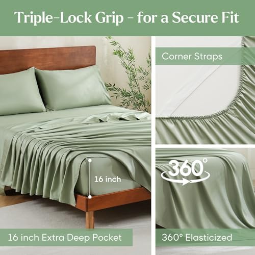 JSD Sage Green 100% Viscose Derived from Bamboo Sheet Set Queen, Cooling Sheets for Hot Sleepers, Soft Silky Breathable Bed Sheets Extra Deep Pocket - Thumbnail 5