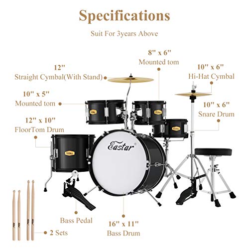 Drum Set Eastar 16 inch 5-Piece, Junior Drum Kit for Beginners Kids Teenagers with Adjustable Throne and Cymbal, Pedal & Drumsticks, Metallic Black (EDS-350MBK) by Eastar - Image 7