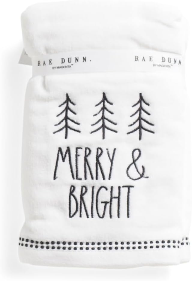 Rae Dunn by Magenta Christmas Winter Holiday Themed Hand Towels (Merry, Green with Tree)