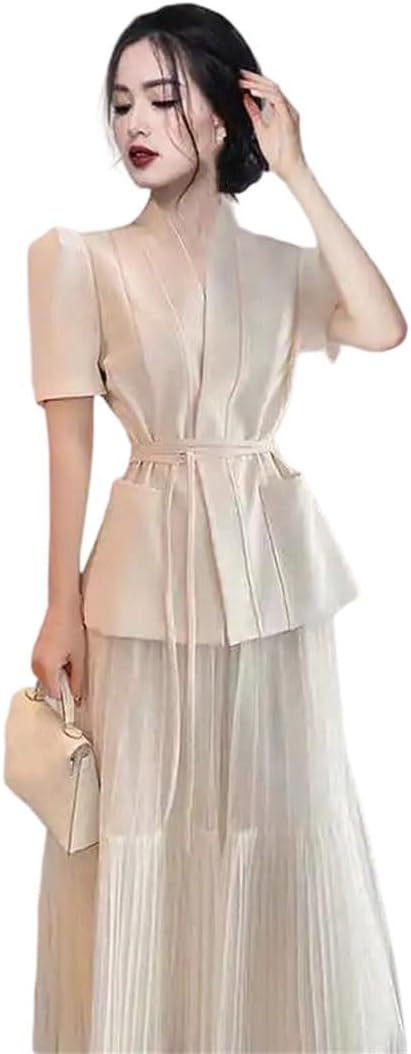Women's Lace Up Short Sleeve Top Pleated Maxi Skirt Two Piece Set