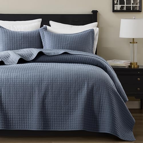 WDCOZY 100% Cotton California King Size Quilt Set, Pick Stitch, Dusty Blue
