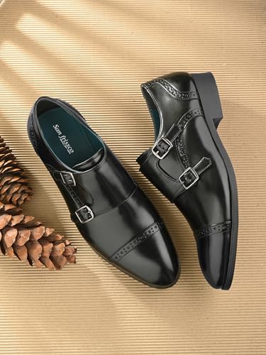 Image of San Frissco Men's Formal Monks Shoes with Buckle Perforated Letherette Double Strap Lace-Up Business Shoes for Office /Comfortable Footwear with Non-Slip TPR Sole for Wedding and Parties