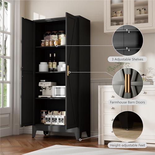 Image of Bevivog 61 inch Kitchen Pantry Cabinet, Farmhouse Metal Storage Cabinet with 2 Doors and 3 Adjustable Shelves, Metal Pantry Closet Cabinets for Kitchen Bathroom, Home Office, Living Room