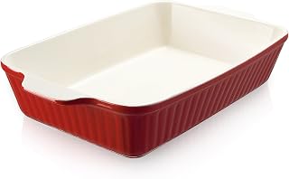 DOWAN 9x13 Deep Ceramic Lasagna Baking Dish with Handles - 135oz Red Oven-Safe Casserole Pan