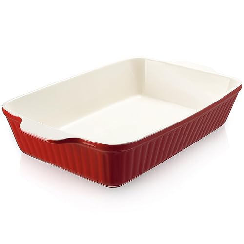 DOWAN 9x13-inch Deep Casserole Baking Dish for Lasagna, 135 oz Ceramic Pan with Handles, Oven Safe for Baking and Home Decor, Red - 9x13 - Red