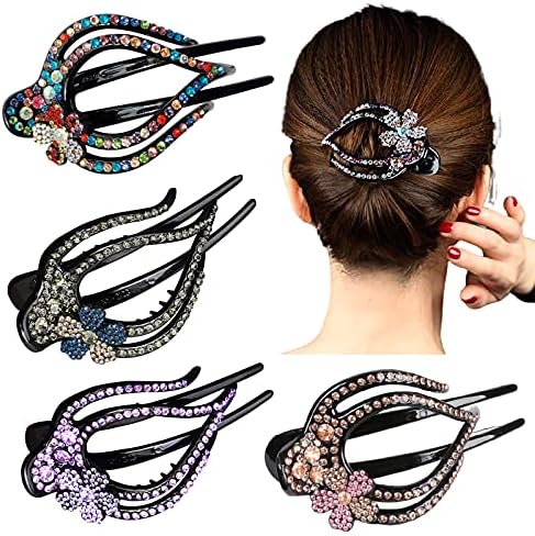 Yusier 4PCS Heart Style Ponytail Duckbill Clips with Headdresses for Women, Flower Rhinestone Barrettes Sparkly Prom Diamond Hair Clips (Plum Blossom)