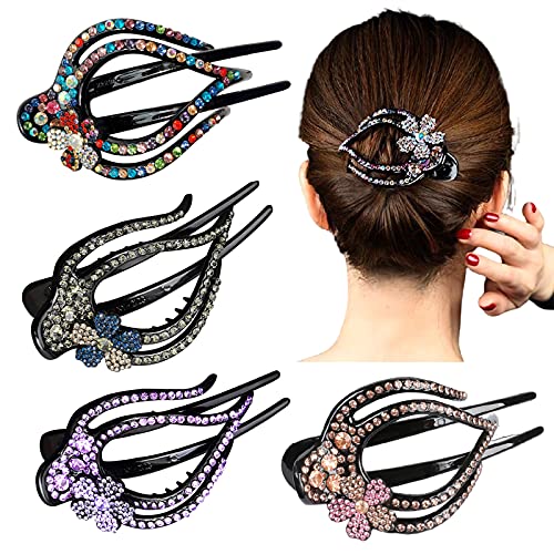 Yusier 4Pcs Heart Style Ponytail Duckbill Clips With Headdresses For Women, Flower Rhinestone Barrettes Sparkly Prom Diamond Hair Clips (Plum Blossom) #TOP5