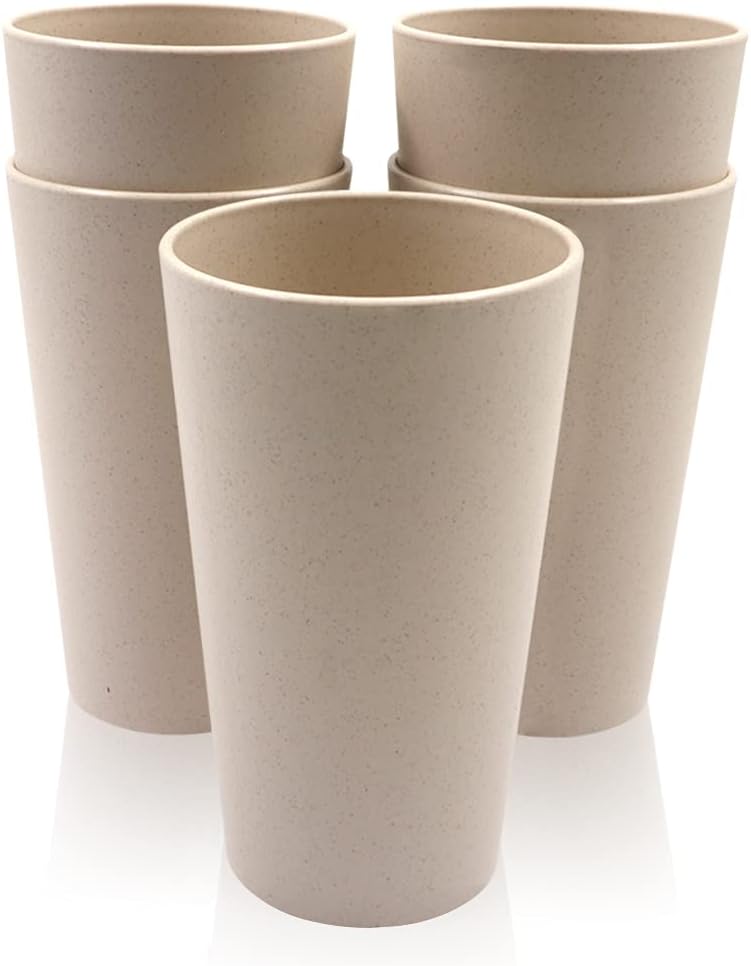 Roucerlin5PCS Big 20OZ Wheat Straw Cup, Unbreakable Reusable Drinking Cups Water Cup, Stackable Coffee Cup Juice Tumblers, Mug for Coffee, Tea, Water, Milk, Juice (Beige)