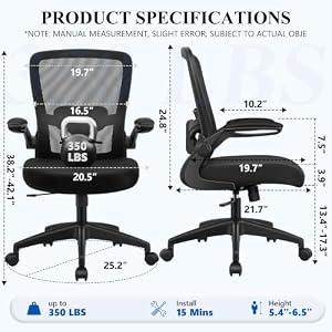 FelixKing Office Chair, Ergonomic Desk Chair Breathable Mesh Chairs Adjustable High Back Lumbar Support Flip-up Armrests, Executive Rolling Swivel Comfy Computer Chairs Home Office Black — photo 3 of 6