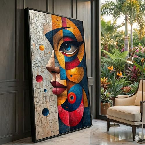 Toile abstraite colorée visage 70x130cm avec cadre intérieur pour salon