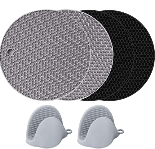 BLBK Silicone Kitchen Placemat, 4pcs Extra Thick Multi-Purpose Non-Slip Table Mat. 18CM Honeycomb Kitchen Mats Placemats Pot Holder Pad with Microwave Oven Mitt for Kitchen Cooking & Dining