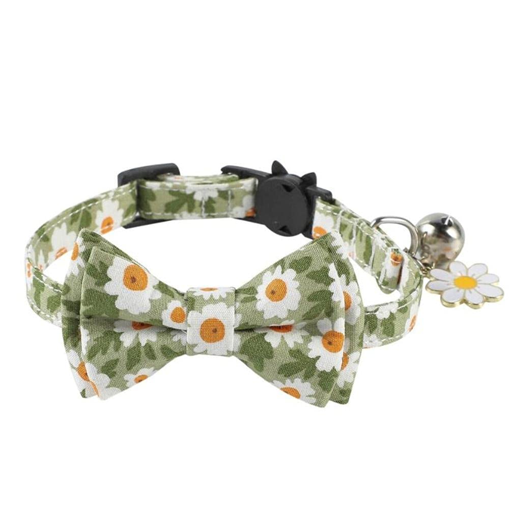 Duoruimi Green Cat Collar With Bell Bow Tie Safety Quick Release Adjustable For Pets Kitten Daisy Flower Pattern