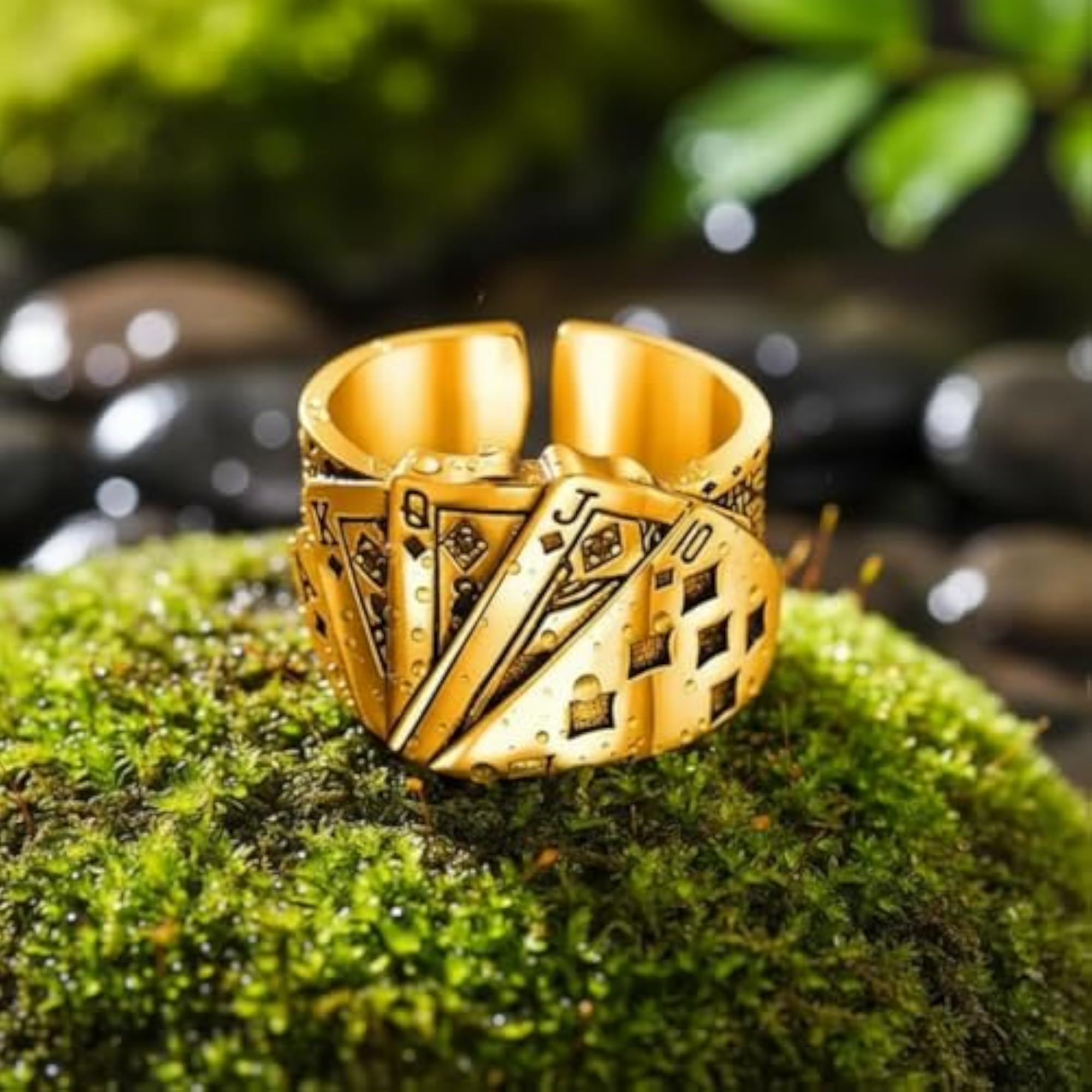 Playing Cards Adjustable Ring, Stainless Steel Gold Tone, Unisex