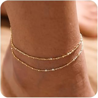 MIDEEO 14K Gold Plated Ankle Bracelets for Women - Waterproof Layered Cuban Link Heart Rhinestone Anklets Set